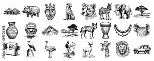 Photography Africa Safari Icon Set with Wild Animals Landscapes and Ethnic Culture Symbols E