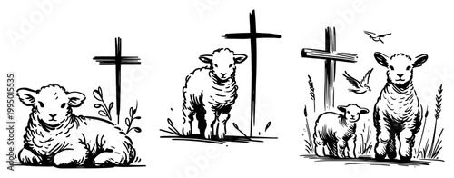 Christian Easter Lamb with Cross Religious Symbols Hand Drawn Sketch Illustration Set