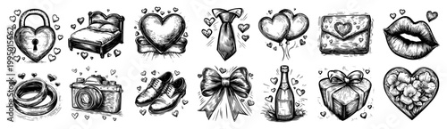 Wedding and Valentine Romantic Icons Set with Heart Rings Champagne and Gift Box Engraving Art