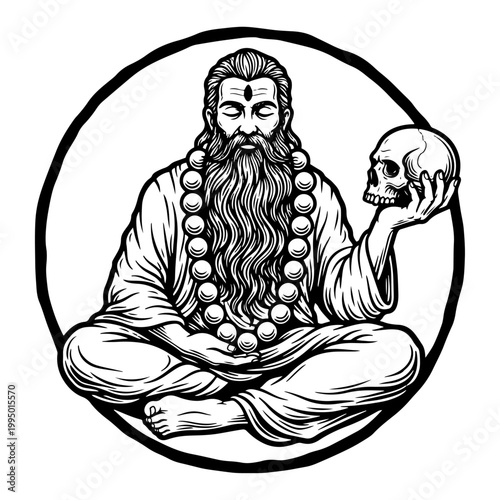 Meditating Sadhu Monk with Human Skull Spiritual Yoga and Memento Mori Engraving Illustration