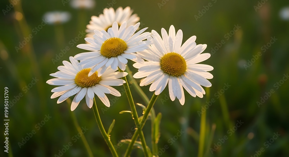 Obraz premium Daisy Flowers in Warm Golden Sunlight a Fresh Spring Meadow