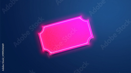 Neon pink ticket with bright glow on dark blue background