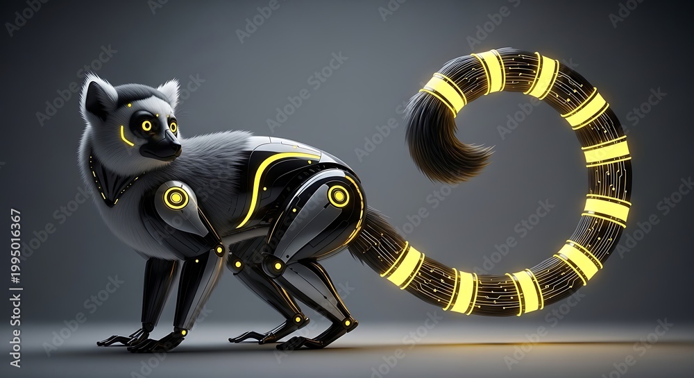 Fototapeta premium A futuristic robotic lemur with glowing yellow circuits.