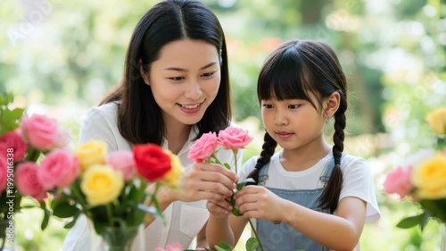 A loving Asian mother and daughter arranging a bouquet of colorful roses outdoors. Parent teaching child a new hobby. Family bonding and quality time
