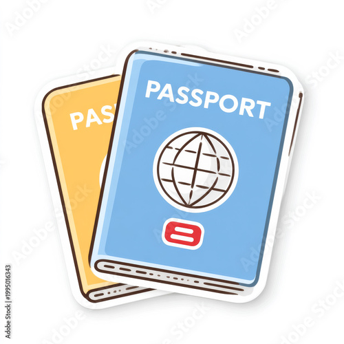 Cartoon style blue and yellow passports with globe icon