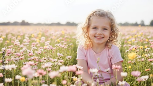 Smiling young girl in a wildflower field. Happy blonde child sitting in a meadow of pink and yellow flowers. Childhood happiness and nature concept. Bright natural sunlight portrait