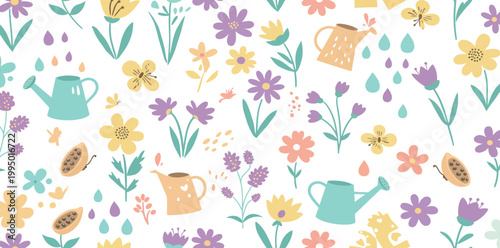 Vibrant floral pattern with colorful flowers and watering cans on white background for spring or garden themed designs and decor