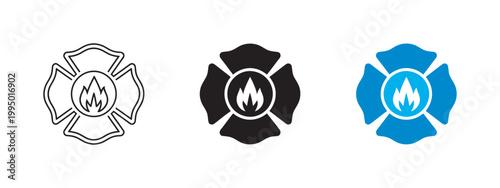 Fire department badge icon, classic four-petal fire station symbol, firefighter emergency safety emblem, rescue and hazard protection sign, vector illustration