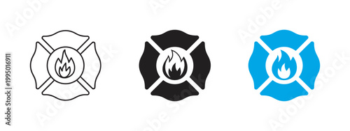 Fire department badge icon, classic four-petal fire station symbol, firefighter emergency safety emblem, rescue and hazard protection sign, vector illustration