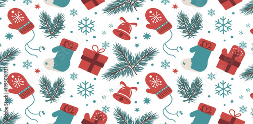 Christmas stockings and pine branches on white background with snowflakes and ornaments festive holiday pattern