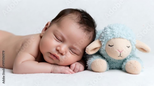 A cute newborn baby sleeping with a blue stuffed lamb toy. Adorable infant resting on a white background. Close-up portrait of innocence and new life