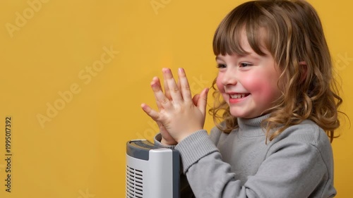 Little girl warming her hands by an electric heater. Happy child in grey sweater staying warm against a yellow background. Winter comfort and home heating concept. Copy space for text