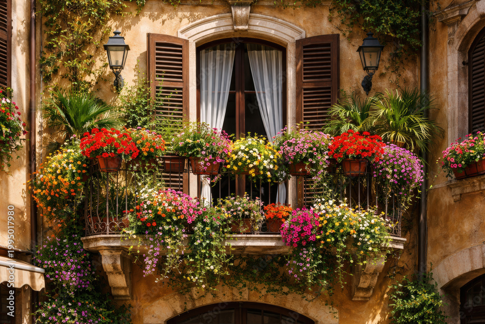Fototapeta premium Traditional flowered balcony at the Alps and Dolomites. Colorful flowers on balcony. Summer time. Mix of flowers and colors. General contest of the European Alps