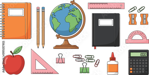Flat Style School and Office Supplies Set with Globe Notebooks Pencils and Stationery Tools Collection