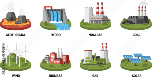 Sustainable Energy Production Vector Set Featuring Renewable Solar Wind and Geothermal Power Plants Plus Nuclear and Hydroelectric Infrastructure for Industrial Infographic Designs
