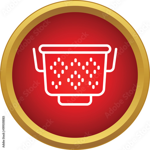 White outline colander kitchen utensil icon on a round red and gold button