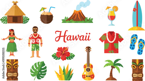 Tropical Paradise Hawaii Vacation Vector Illustration Featuring Volcanic Eruption Beach Bungalows Hula Dancer and Summer Party Elements for Island Travel and Holiday Tourism Designs