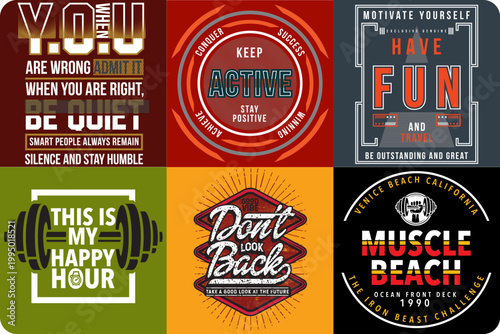 T-shirt design templates, motivational quotes, gym labels, vector typography, colorful stickers