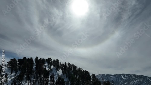 Snowcrest Aerial Shot of Winter Mountain Snow Forest Sun Halo California USA