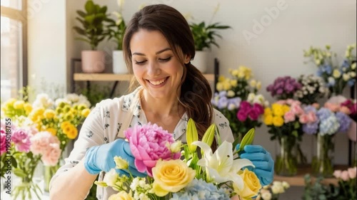 Female florist arranging a colorful bouquet in a flower shop. Professional woman in apron and gloves working with peonies and roses. Small business owner creating floral arrangements