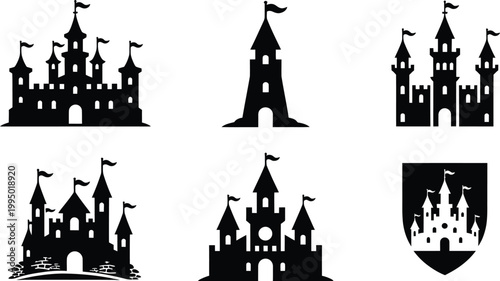 Black Silhouettes of Medieval Castles and Fortresses with Flags and Shields, Historic Architecture Icons for Fantasy Design, Heraldry, Game Assets and Vintage Illustration