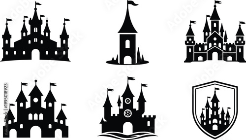 Black Silhouettes of Medieval Castles and Fortresses with Flags and Shields, Historic Architecture Icons for Fantasy Design, Heraldry, Game Assets and Vintage Illustration