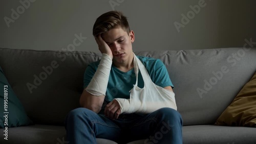 Young man with broken arm in a sling and cast. Sad teenage boy sitting on a couch after an accident. Recovery and medical care concept