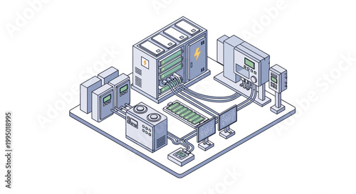 Isometric Battery Energy Storage System BESS and Industrial Power Management Illustration