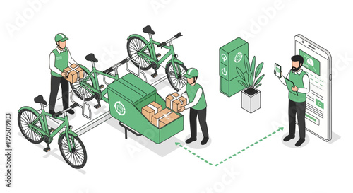Isometric Eco-Friendly Sustainable Delivery Service Illustration with Cargo Bike, Couriers, and Mobile App Tracking