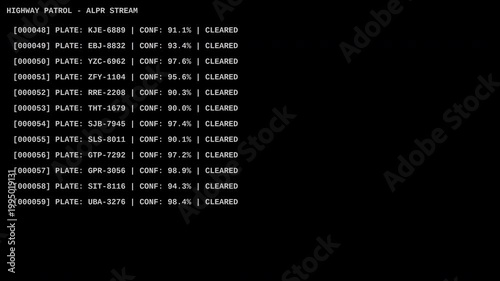 Automated license plate reader ALPR highway patrol stream detecting vehicles and flagging a hot list match intercept