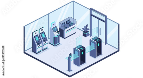 Isometric Illustration of a Futuristic Automated Smart Bank Interior with AI Kiosks, Security Turnstiles, and Digital Self-Service Terminals