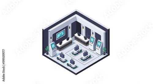 Futuristic Isometric Smart Airport Terminal with Automated Luggage Robots and Self-Service Kiosks. High-Tech Travel and Hospitality Concept.