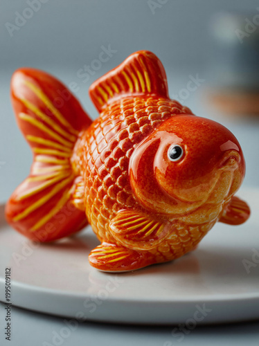 Ceramic goldfish figurine on plate closeup detail