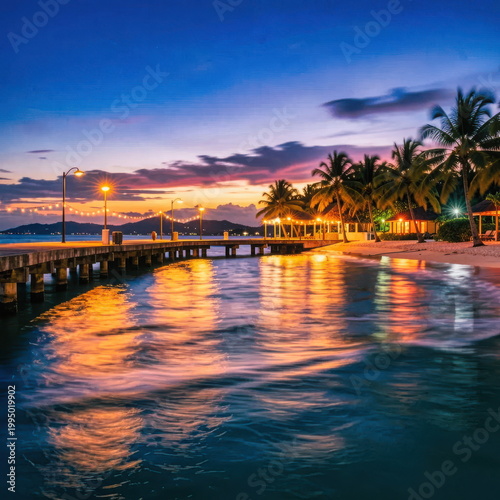 Illuminated Pier and Palm‑Lined Beach at Caribbean Twilight