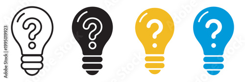 Light bulb question mark icon set, idea innovation symbol, flat minimal lightbulb design, vector illustration collection