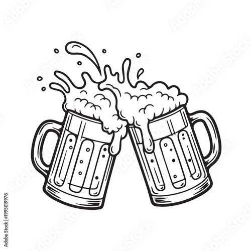 Two beer mugs clinking together with foam splashing, handdrawn vector illustration of beer glasses