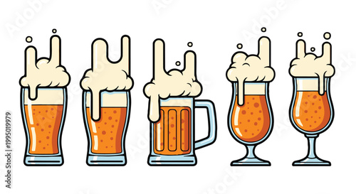 Set of different beer glasses with overflowing foam