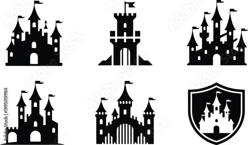 Black Silhouettes of Various Castles and Towers on White Background, Medieval Architecture Vector Set for Fantasy Design, Historic Illustration, Game Assets and Creative Projects