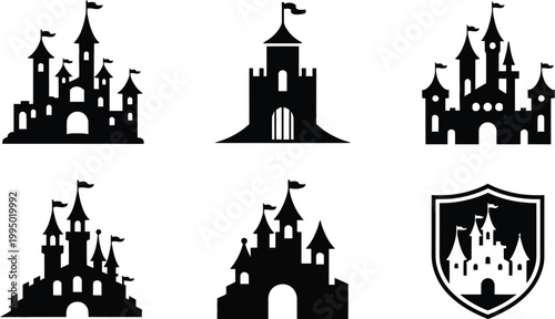 Black Silhouettes of Various Castles and Towers on White Background, Medieval Architecture Vector Set for Fantasy Design, Historic Illustration, Game Assets and Creative Projects