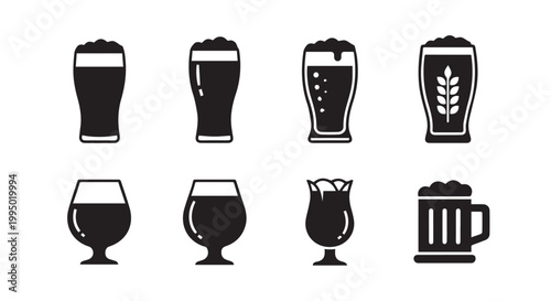Set of beer glass icons, different types of beer glasses, vector illustration