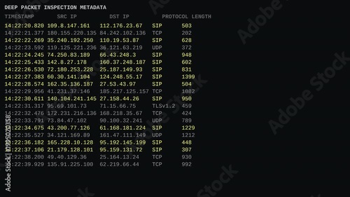 Deep packet inspection wiretap terminal capturing network metadata IP addresses and communication protocols for cybersecurity