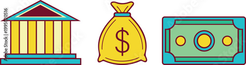 Modern Banking Finance Icons Set with Cash Notes and Financial Symbols