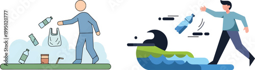 Environmental pollution vector set, person throwing plastic waste and bottles into nature, ocean and land littering concept illustrations