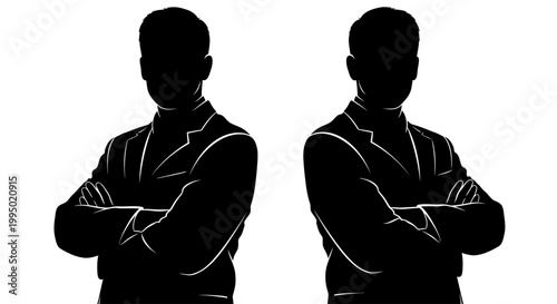 Professional businessman silhouette with crossed arms, confident male figure in suit vector, anonymous corporate man profile for business identity