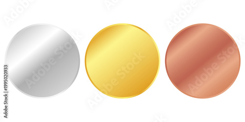 Award golden, silver and bronze blank medals 3d vector realistic illustration. First, second and third place medals or buttons isolated on white background. Quality blank, empty badge, emblem set.