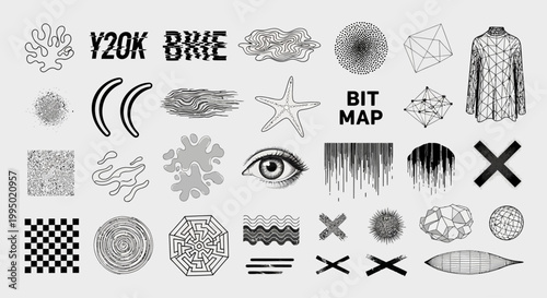 Y2K aesthetic vector elements, retro futuristic bitmap icons and abstract shapes, black and white streetwear design kit for posters and apparel