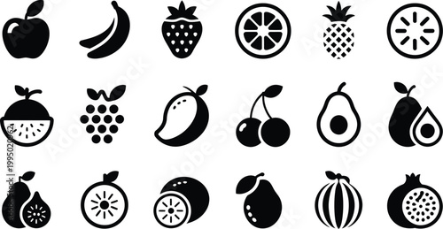 Black Silhouettes of Various Fruit Icons on White Background, Minimal Vector Collection for Food Design, Healthy Lifestyle Graphics, Organic Produce Illustration and UI Elements