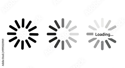 Minimalist loading bar icons, circular progress indicator set, black and grey buffering symbols for web interface and app design