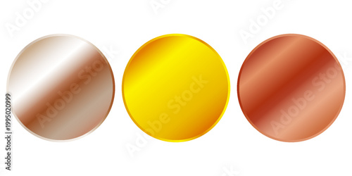Award golden, silver and bronze blank medals 3d vector realistic illustration. First, second and third place medals or buttons isolated on white background. Quality blank, empty badge, emblem set.