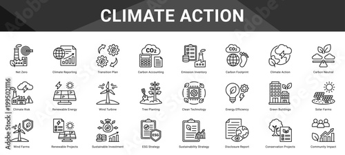 CLIMATE ACTION  Icon set collection. Vector icon pack featuring thematic icons for your presentations or business.